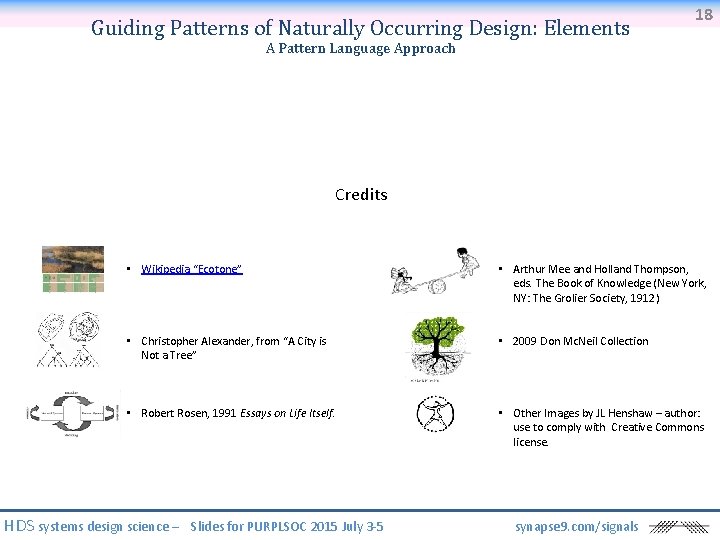 Guiding Patterns of Naturally Occurring Design: Elements 18 A Pattern Language Approach Credits •
