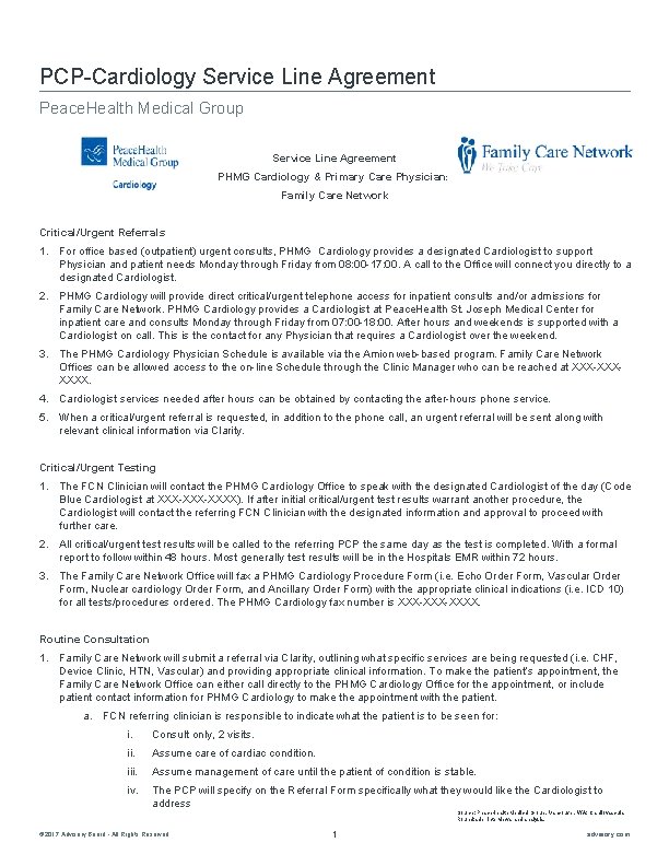 PCP-Cardiology Service Line Agreement Peace. Health Medical Group Service Line Agreement PHMG Cardiology &