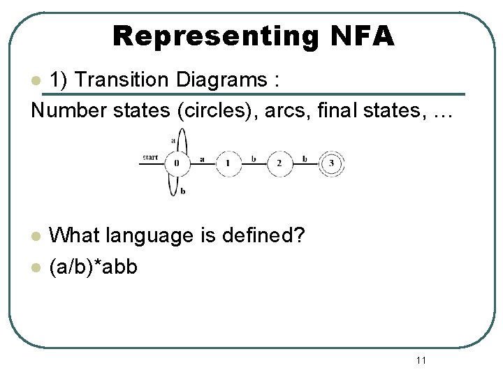 Representing NFA 1) Transition Diagrams : Number states (circles), arcs, final states, … l