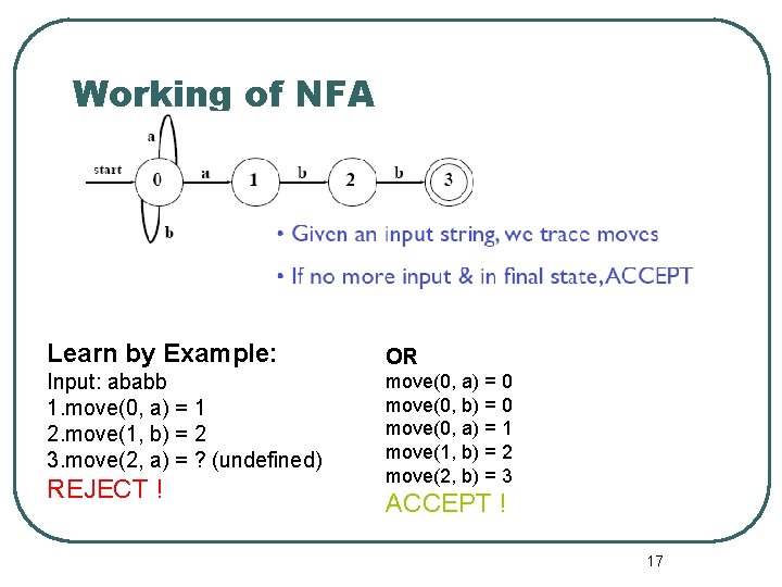 Working of NFA Learn by Example: OR Input: ababb 1. move(0, a) = 1