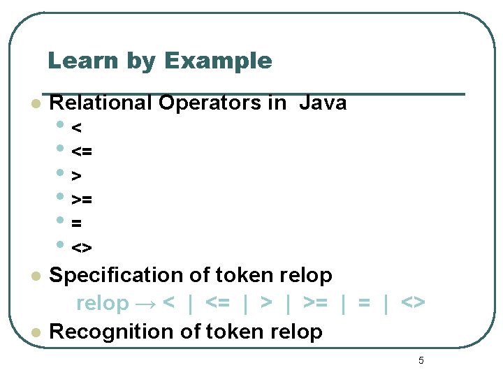 Learn by Example l Relational Operators in Java l Specification of token relop →