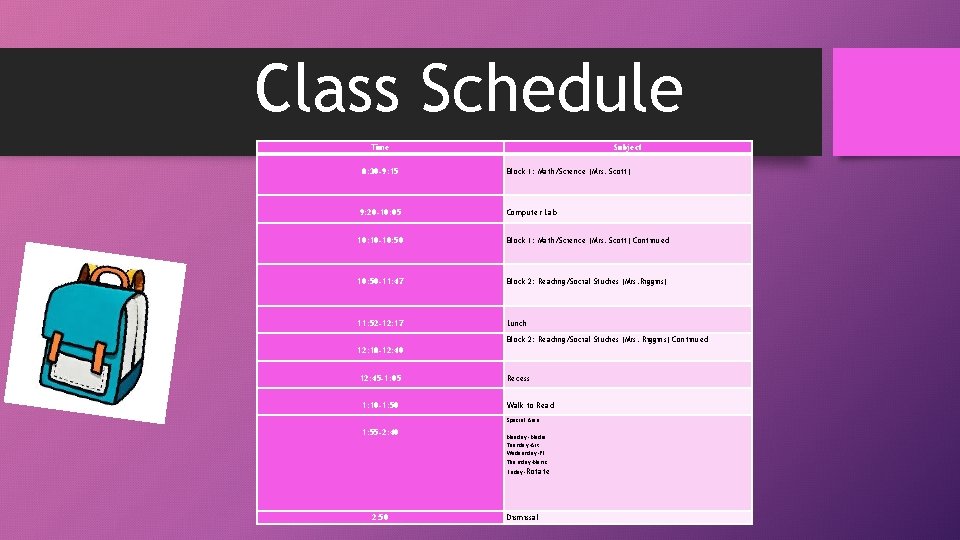 Class Schedule Time Subject 8: 30 -9: 15 Block 1: Math/Science (Mrs. Scott) 9: