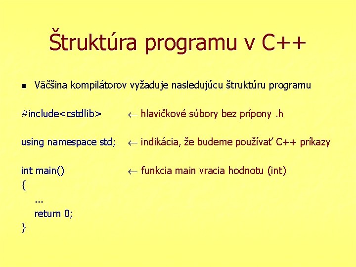Štruktúra programu v C++ n Väčšina kompilátorov vyžaduje nasledujúcu štruktúru programu #include<cstdlib> hlavičkové súbory