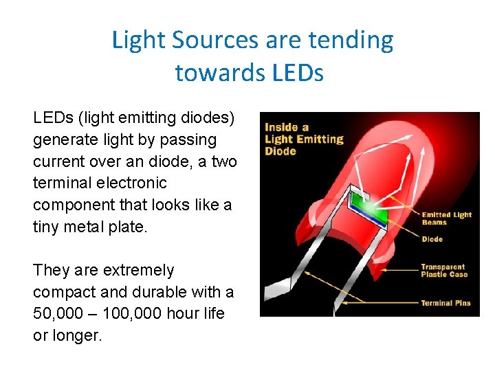 Light Sources are tending towards LEDs (light emitting diodes) generate light by passing current