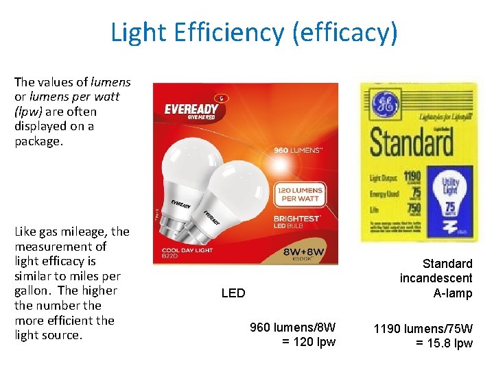 Light Efficiency (efficacy) The values of lumens or lumens per watt (lpw) are often