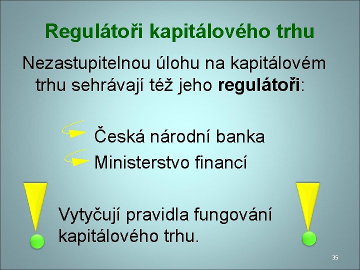 Regulátoři kapitálového trhu Nezastupitelnou úlohu na kapitálovém trhu sehrávají též jeho regulátoři: Česká národní