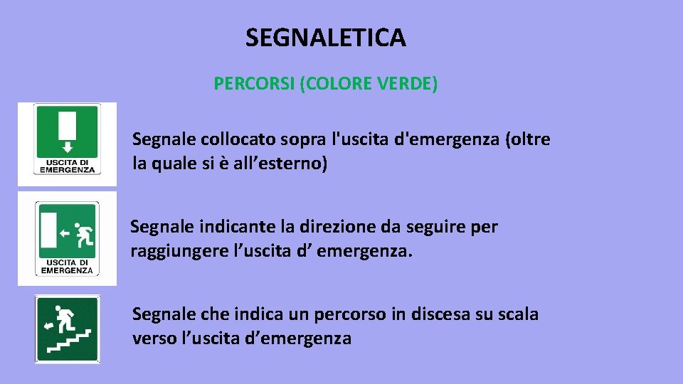 SEGNALETICA PERCORSI (COLORE VERDE) Segnale collocato sopra l'uscita d'emergenza (oltre la quale si è