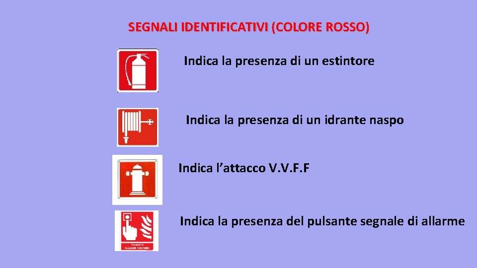 SEGNALI IDENTIFICATIVI (COLORE ROSSO) Indica la presenza di un estintore Indica la presenza di