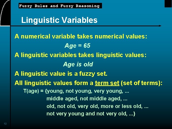 Fuzzy Rules and Fuzzy Reasoning Linguistic Variables A numerical variable takes numerical values: Age