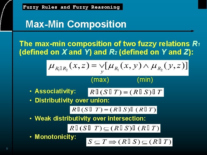 Fuzzy Rules and Fuzzy Reasoning Max-Min Composition The max-min composition of two fuzzy relations