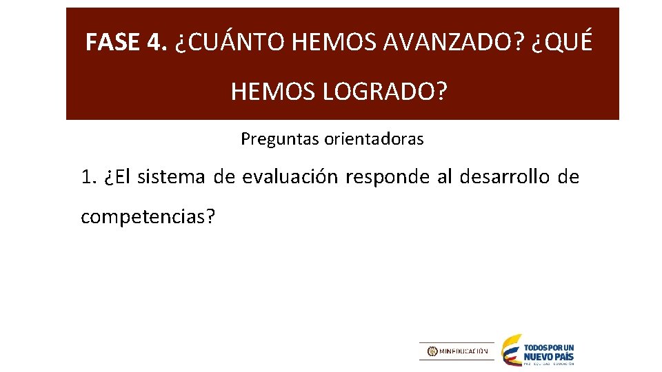 FASE 4. ¿CUÁNTO HEMOS AVANZADO? ¿QUÉ HEMOS LOGRADO? Preguntas orientadoras 1. ¿El sistema de