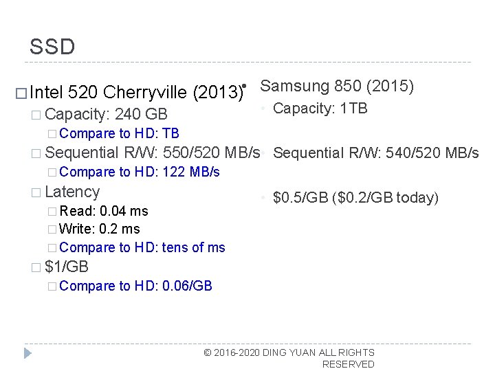 SSD � Intel 520 Cherryville (2013) • Samsung 850 (2015) � Capacity: • Capacity: