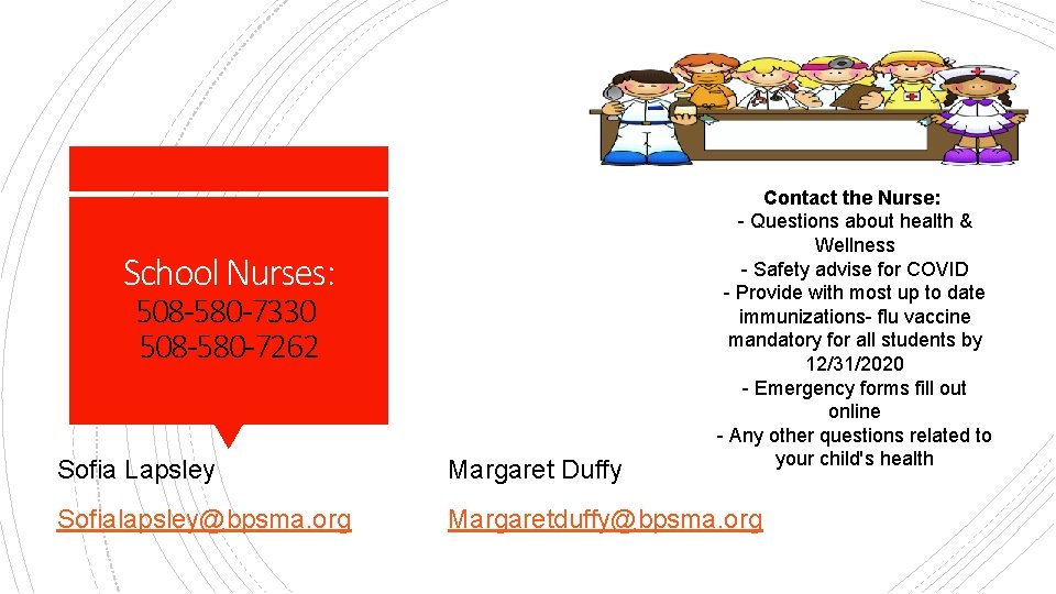 School Nurses: 508 -580 -7330 508 -580 -7262 Contact the Nurse: - Questions about