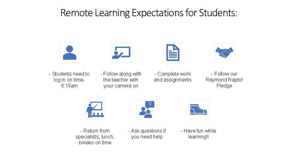 Remote Learning Expectations for Students: - Students need to log in on time 8: