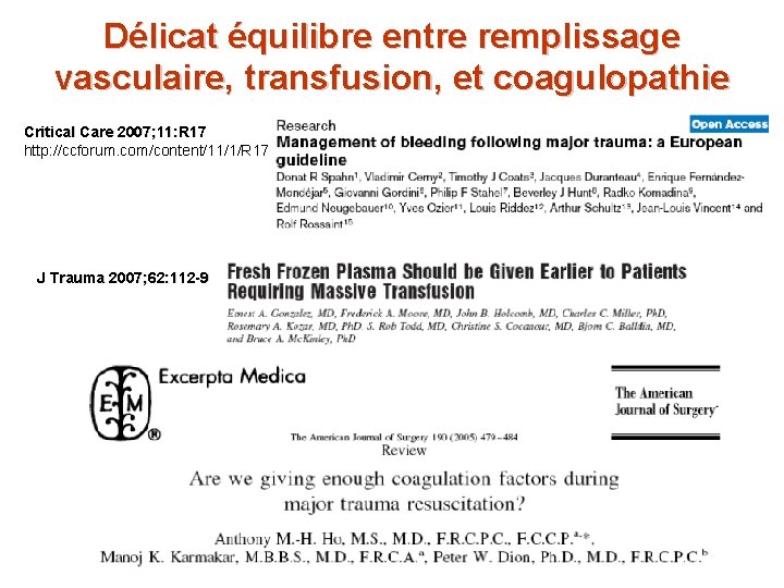Délicat équilibre entre remplissage vasculaire, transfusion, et coagulopathie Critical Care 2007; 11: R 17