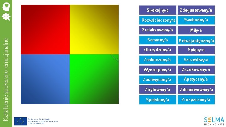 Kształcenie społeczno-emocjonalne Spokojny/a Zdegustowany/a Rozwścieczony/a Swobodny/a Zrelaksowany/a Miły/a Samotny/a Entuzjastyczny/a Obrzydzony/a Śpiący/a Zaskoczony/a Szczęśliwy/a