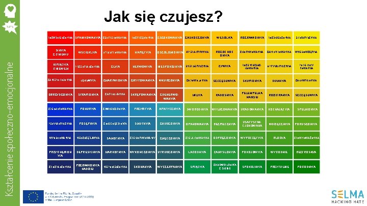 Jak się czujesz? Kształcenie społeczno-emocjonalne ROZWŚCIECZONY/A SPANIKOWANY/A ZESTRESOWANY/A ROZTRZĘSIONY/A ZSZOKOWANY/A ZASKOCZONY/A WESOŁY/A ROZBAWIONY/A ROZŚMIESZONY/A