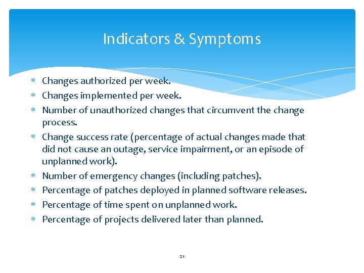 Indicators & Symptoms Changes authorized per week. Changes implemented per week. Number of unauthorized
