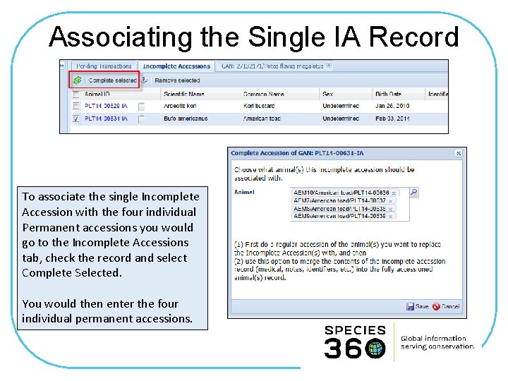 Associating the Single IA Record To associate the single Incomplete Accession with the four