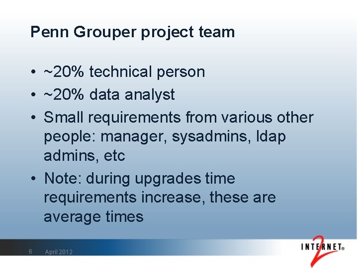 Penn Grouper project team • ~20% technical person • ~20% data analyst • Small