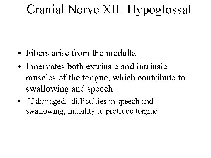 Cranial Nerve XII: Hypoglossal • Fibers arise from the medulla • Innervates both extrinsic
