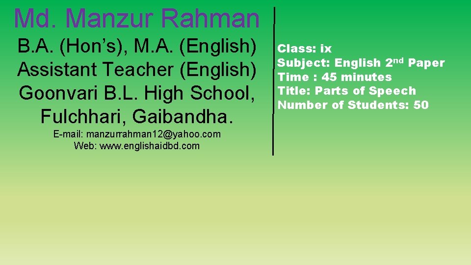 Md. Manzur Rahman B. A. (Hon’s), M. A. (English) Assistant Teacher (English) Goonvari B.