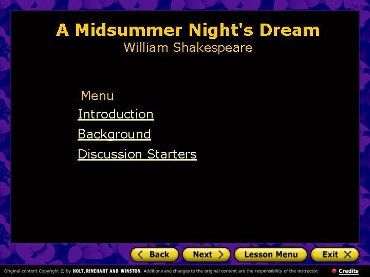 A Midsummer Night's Dream William Shakespeare Menu Introduction Background Discussion Starters 