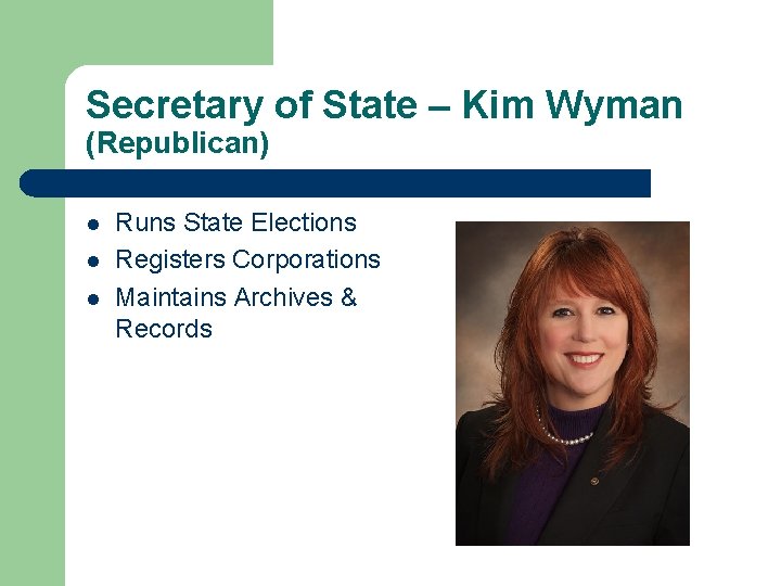 Secretary of State – Kim Wyman (Republican) l l l Runs State Elections Registers