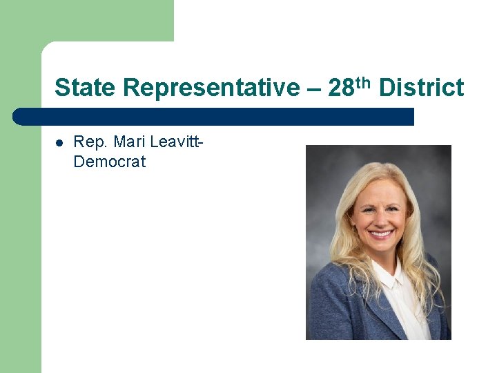 State Representative – 28 th District l Rep. Mari Leavitt. Democrat 