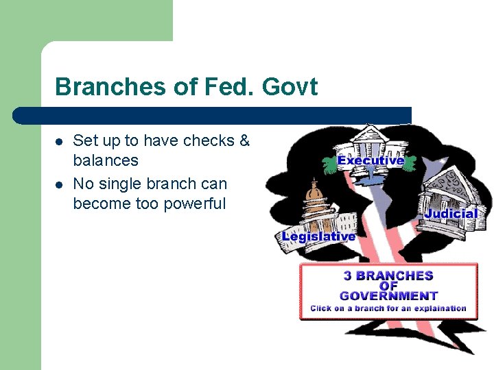 Branches of Fed. Govt l l Set up to have checks & balances No