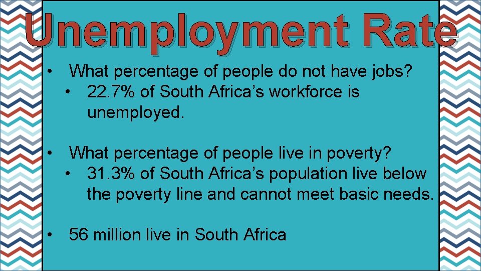 Unemployment Rate • What percentage of people do not have jobs? • 22. 7%