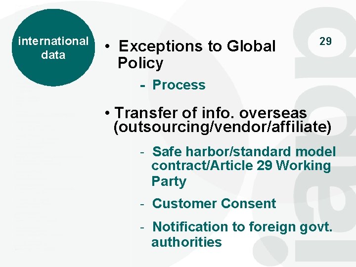 international data • Exceptions to Global Policy 29 - Process • Transfer of info.