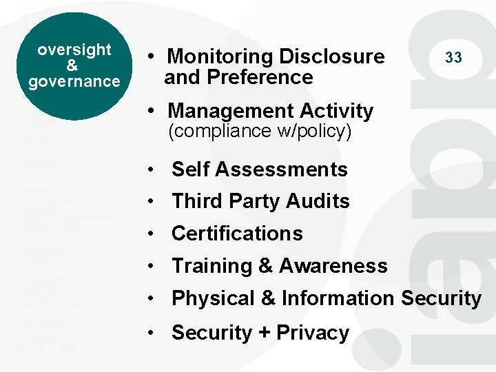 oversight & governance • Monitoring Disclosure and Preference 33 • Management Activity (compliance w/policy)