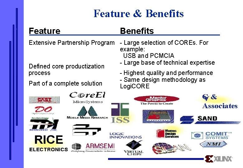 E Feature & Benefits Feature Benefits Extensive Partnership Program - Large selection of COREs.