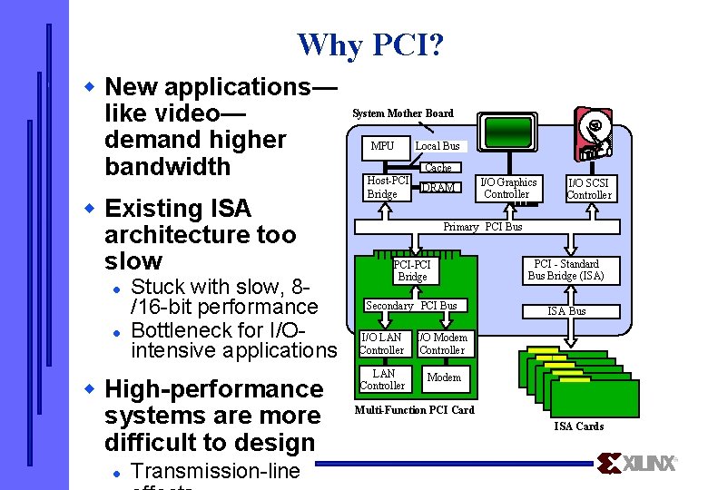 Why PCI? w New applications— like video— demand higher bandwidth w Existing ISA architecture