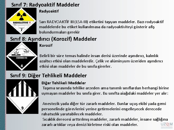 Sınıf 7: Radyoaktif Maddeler Radyoaktif Sarı RADYOAKTİF III (LSA-III) etiketini taşıyan maddeler. Bazı rodyoaktif