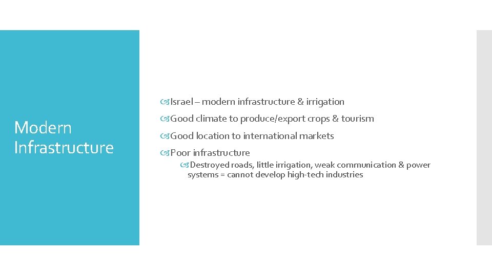  Israel – modern infrastructure & irrigation Modern Infrastructure Good climate to produce/export crops