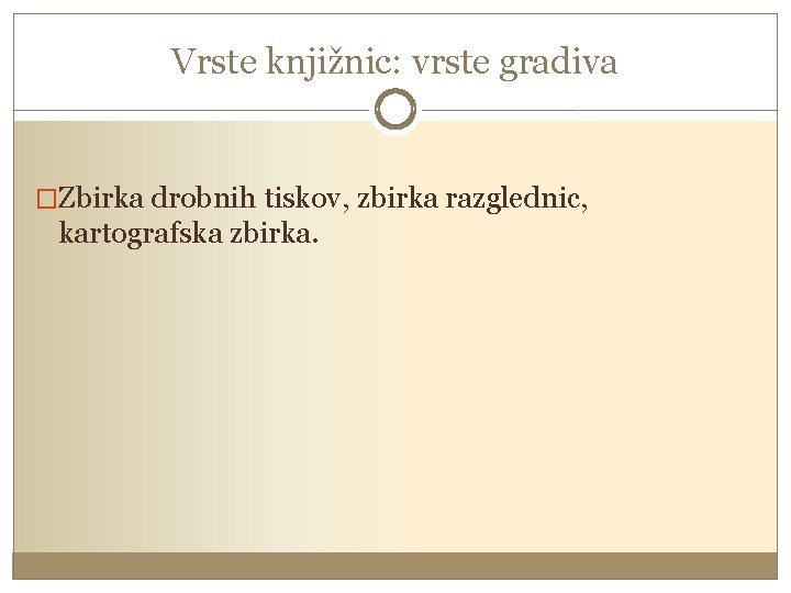 Vrste knjižnic: vrste gradiva �Zbirka drobnih tiskov, zbirka razglednic, kartografska zbirka. 