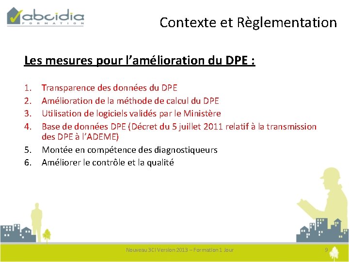 Contexte et Règlementation Les mesures pour l’amélioration du DPE : 1. 2. 3. 4.