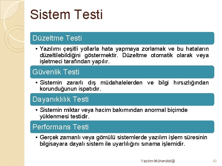 Sistem Testi Düzeltme Testi • Yazılımı çeşitli yollarla hata yapmaya zorlamak ve bu hataların