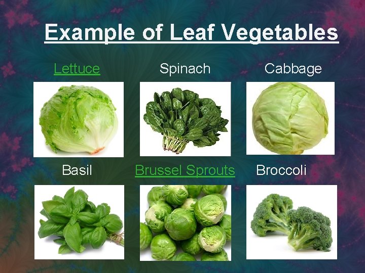 Example of Leaf Vegetables Lettuce Spinach Basil Brussel Sprouts Cabbage Broccoli 