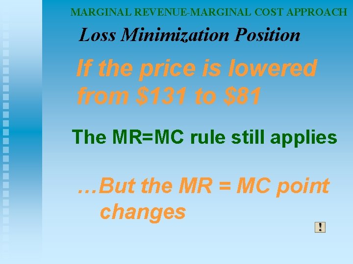 MARGINAL REVENUE-MARGINAL COST APPROACH Loss Minimization Position If the price is lowered from $131