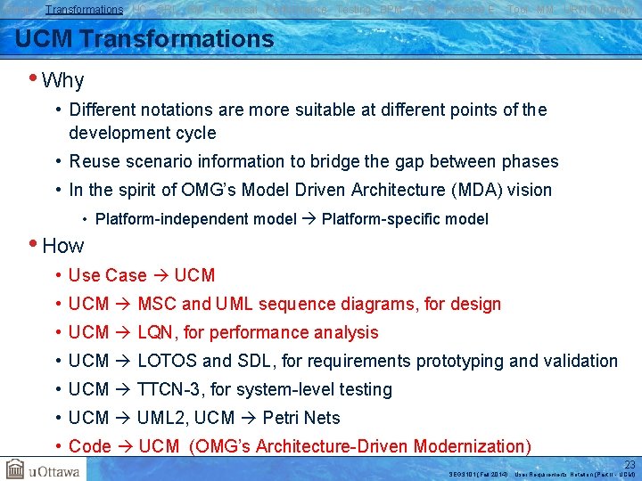 Basics Transformations UC GRL RM Traversal Performance Testing BPM AOM Reverse E. Tool MM