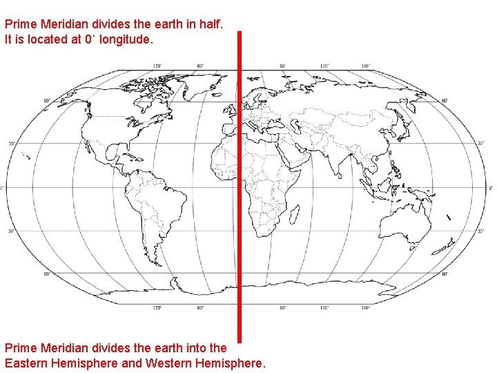 Prime Meridian divides the earth in half. It is located at 0˙ longitude. Prime