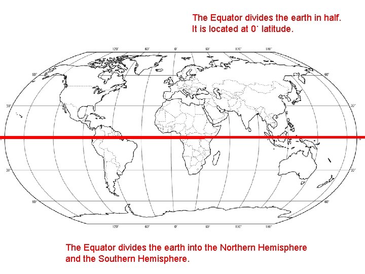 The Equator divides the earth in half. It is located at 0˙ latitude. The