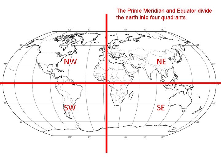 The Prime Meridian and Equator divide the earth into four quadrants. NW NE SW