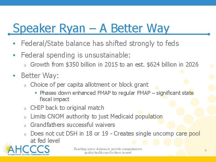 Speaker Ryan – A Better Way • Federal/State balance has shifted strongly to feds