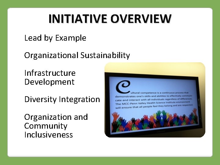 INITIATIVE OVERVIEW Lead by Example Organizational Sustainability Infrastructure Development Diversity Integration Organization and Community