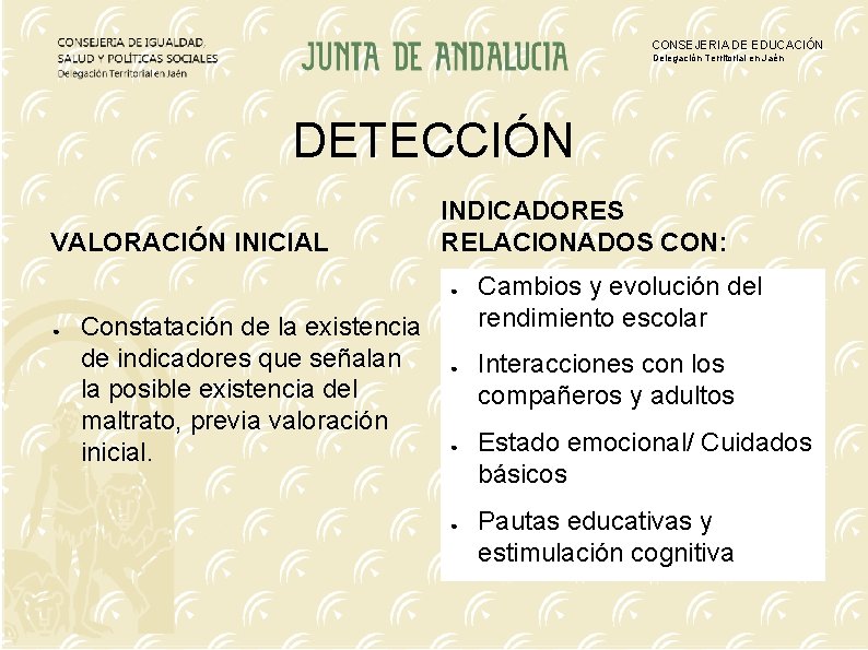 CONSEJERIA DE EDUCACIÓN Delegación Territorial en Jaén DETECCIÓN VALORACIÓN INICIAL INDICADORES RELACIONADOS CON: ●