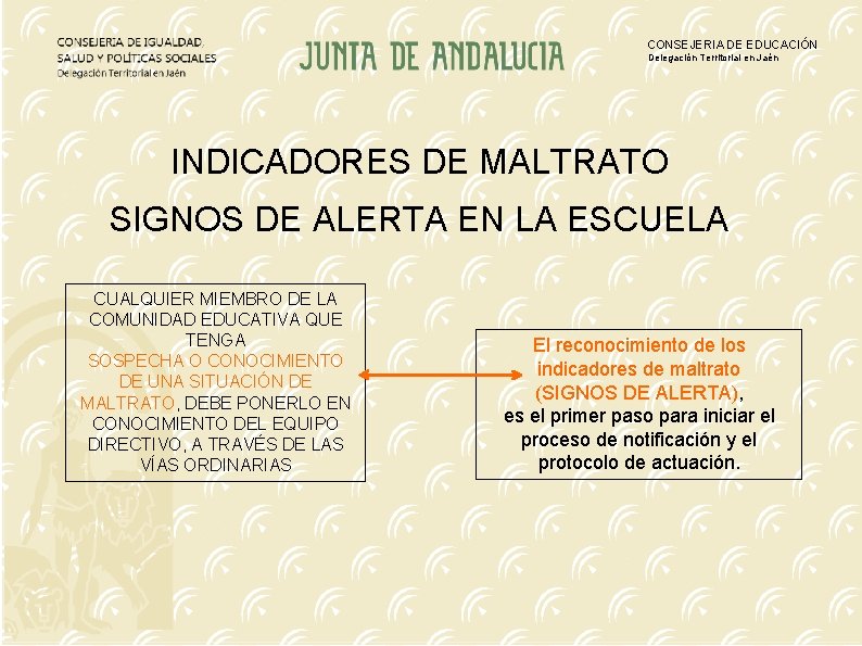 CONSEJERIA DE EDUCACIÓN Delegación Territorial en Jaén INDICADORES DE MALTRATO SIGNOS DE ALERTA EN